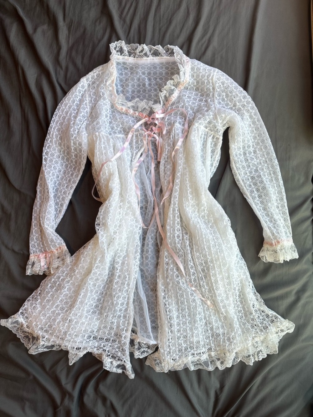 Vintage White Lace Bed Jacket Sheer Ribbon Tie Cardigan Boudoir Coquette